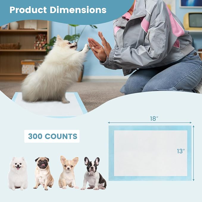 PETSITE Dog and Puppy Pee Pads, 6-Layer Leak-Proof Super Absorbent, Quick-Dry Surface, Indoor Outdoor Disposable Potty Training Pads, Blue & White (18" x 13" (300 Count))