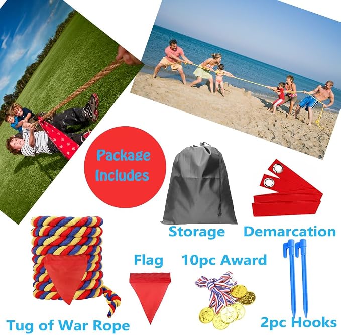 60 Feet Tug of War Rope for Kids and Adults, Outdoor Games Summer Outdoors Yard Backyard Camping Lawn Game for Field Day Family Reunion Birthday Party Team Building Activities Carnival Games-Colours