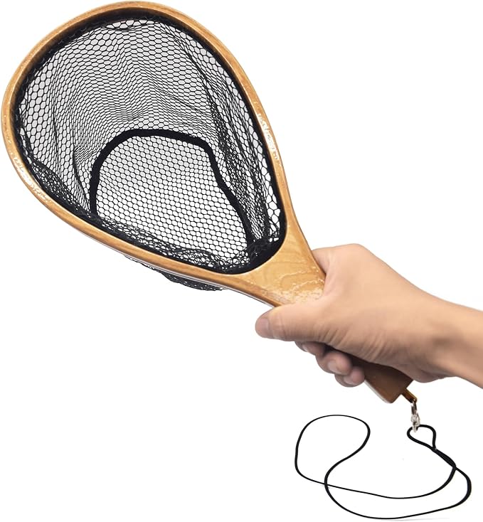 Small Wooden Frame Fly Fishing Landing Net With Soft Rubber Mesh for Trout Bass Catch and Release - Fishing Gear