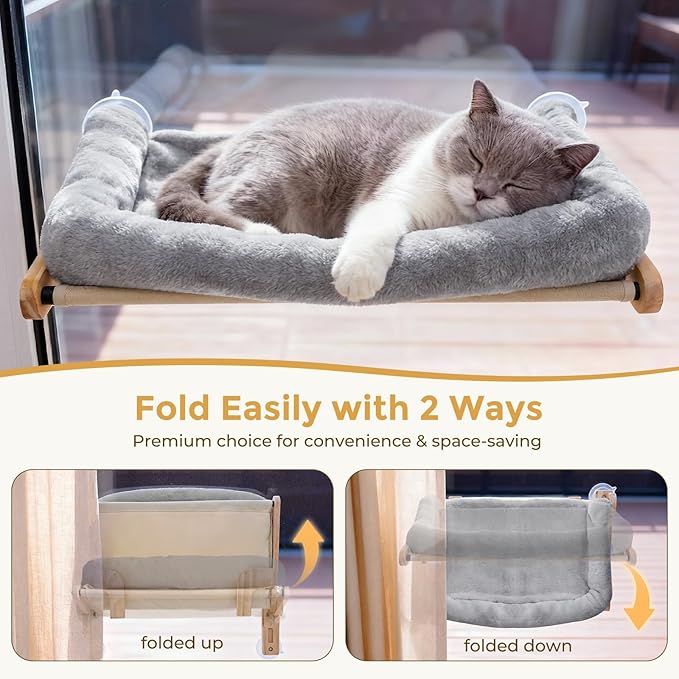 Pecute Cat Window Hammock Foldable, Space Saving Cat Window Bed with Soft Cushion, Sturdy Wood Frame Hanging Cats Lounge Seat, Collapsible Large Perch with Suction Cups for Indoor Cats(Grey, 26" L)