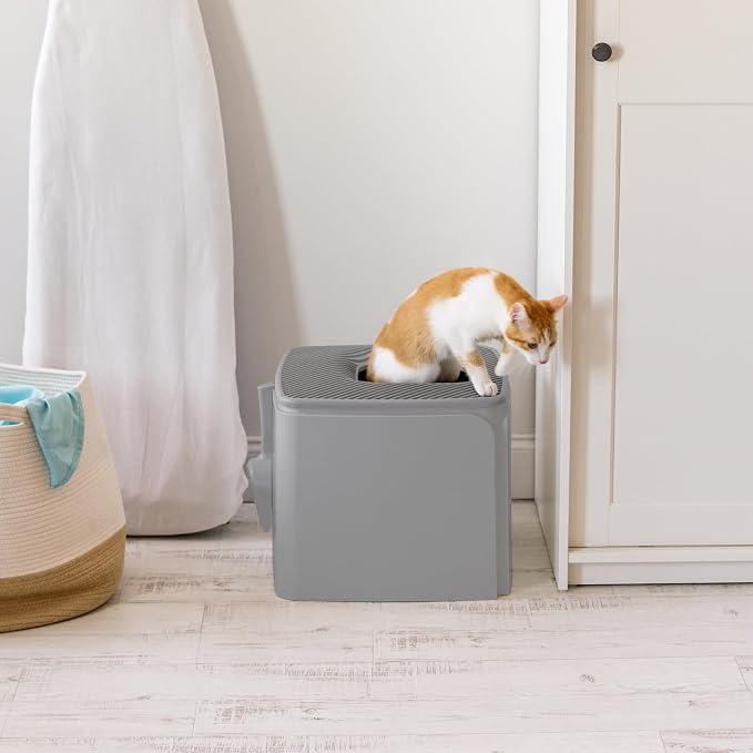 IRIS USA Cat Litter Box Top Entry with Scoop, Covered Dog Proof Litter Box Design, Enclosed Square Style Litterbox with Odor Control, Easy to Clean for Cats, Gray