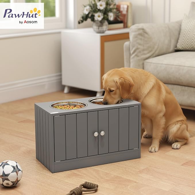PawHut Large Elevated Dog Bowls with Storage Cabinet Containing Large 44L Capacity, Raised Dog Bowl Stand Pet Food Bowl Pet Feeding Station, Gray