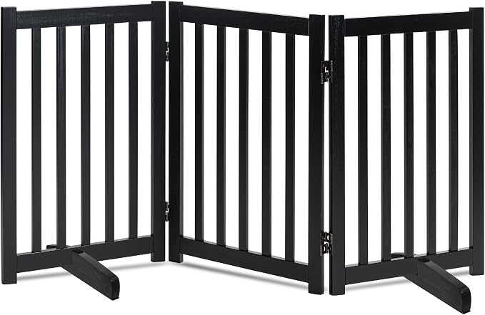 LZRS Freestanding Dog Gate 30 inch Tall - 3 Panels Solid Wooden Pet Gate for Doorways, Stairs & Hallways, Expandable & Foldable with Support Feet，Indoor Use,Black