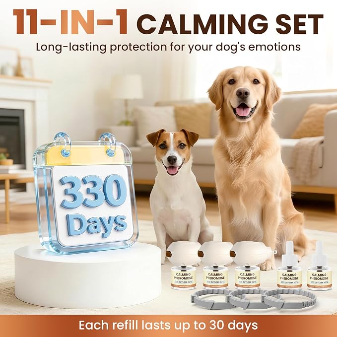 Dog Pheromones Calming Diffuser to Calm Dogs 11 IN 1 Kit (3 Diffusers+5 Refills+3 Collars) Pheromone Plug In for Stress Barking Pee Accidents Chewing Aggression Separation Anxiety Relief(Odorless)