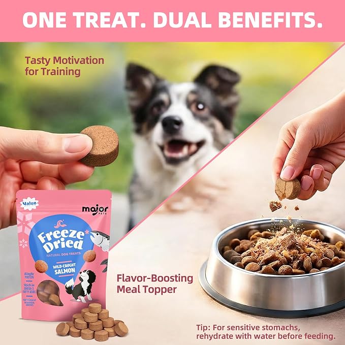 MAJOR PETS Freeze Dried Salmon Dog & Cat Treats - Wild Caught Alaskan Salmon -Single Protein - Grain Free & Gluten Free - Dog Food Toppers & Training Treats - Made and Sourced in The USA - 10 oz