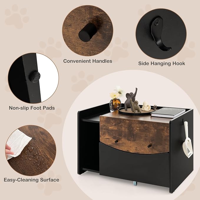 PETSITE Cat Litter Box Enclosure w/Pull-Out Drawer, Hidden Cat Washroom Furniture w/Flip Door, Rolling Caster, Indoor Cat House for Small to Large Sized Cats, Wooden Pet House Side Cabinet