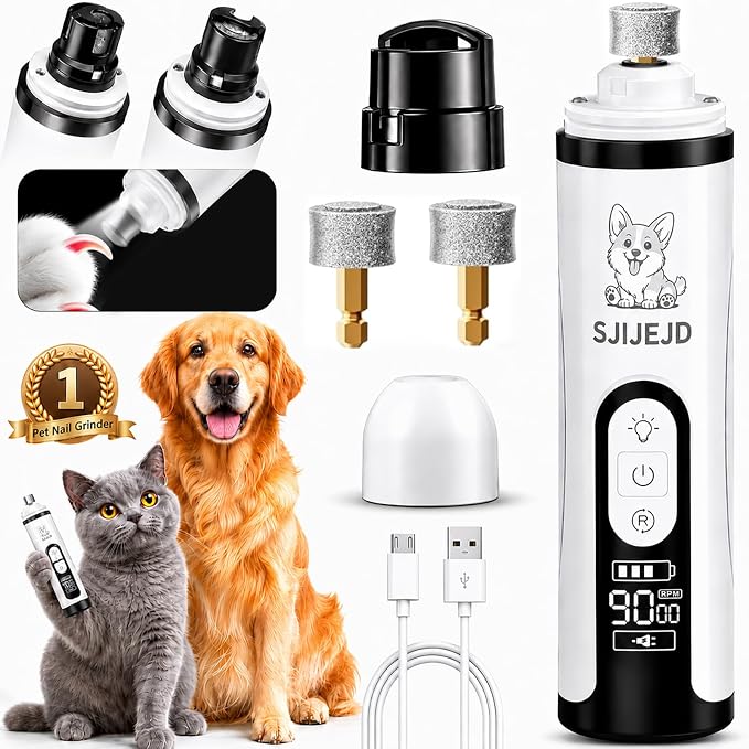 Upgraded Silent Dog Nail Grinder Quiet, Cordless Grooming Pro Nail with 3 Adjustable Speeds & Led Light Whisper Quiet Claw Trimmer for Dogs, Cats and Other Animals (2 Replacement Heads)