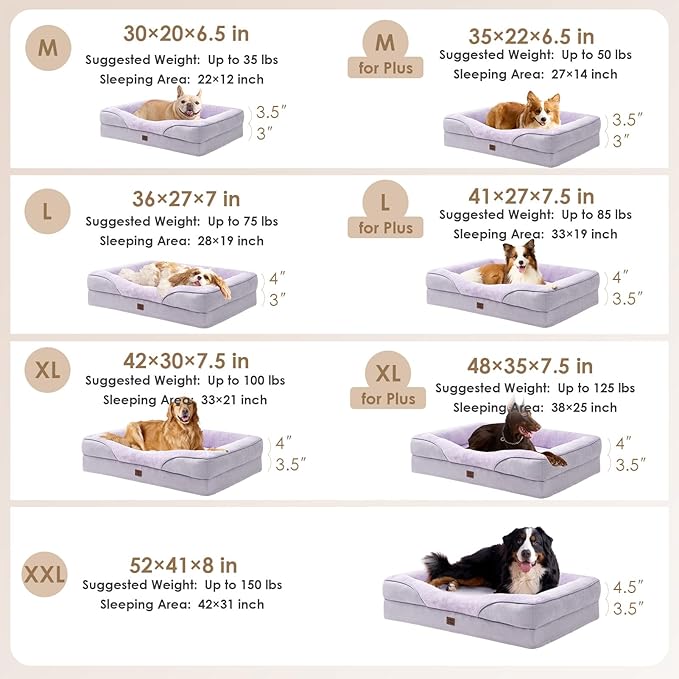 EHEYCIGA Orthopedic XL Dog Bed for Large Sized Dog, 48x35 Inch Extra Large Memory Foam Dog Couch Bed with Sides, Waterproof Liner & Washable Removable Cover, Bolster Pet Sofa, Purple