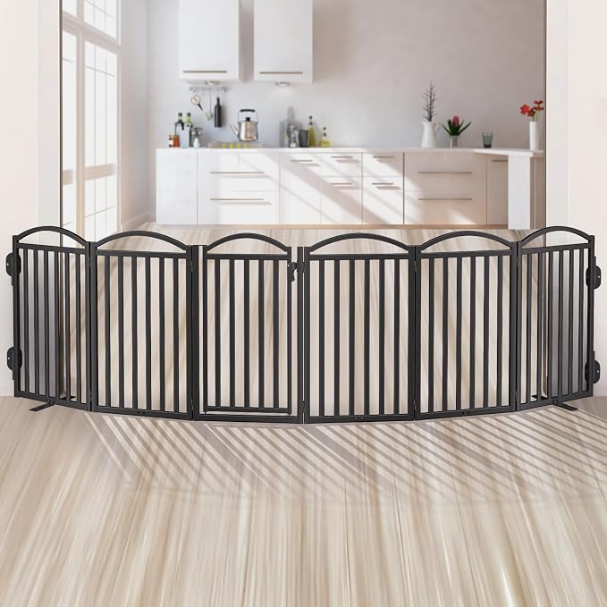 Malier Metal Freestanding Dog Gates with Door, 36'' Height Outdoor Indoor Dog Fences, Extra Wide Foldable Puppy Gate for Stairs (Black, 【6 Panels with Door】 120''W × 36''H)