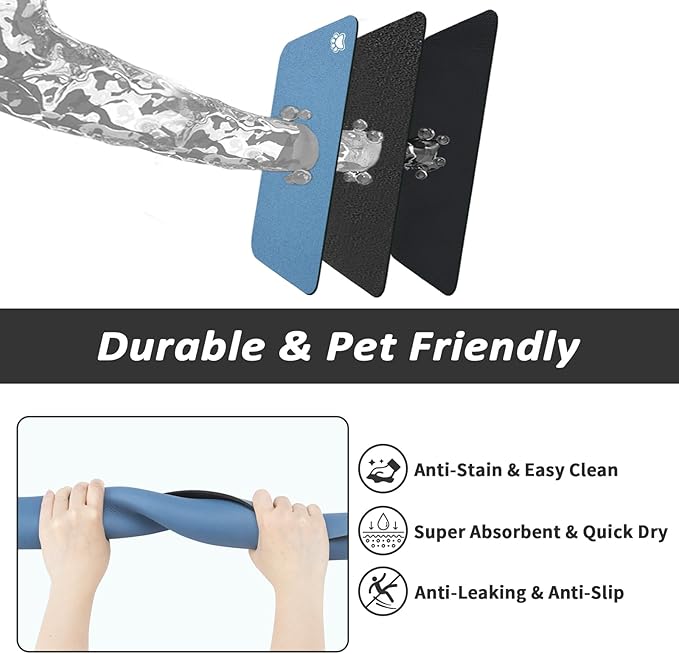 HotLive Dog Food Mat - Absorbent Cat Mat for Food and Water, No Stains Pet Feeding Bowl Mat, Easy to Clean Pet Placemats, Quick Dry Dog Water Dispenser Mat for Messy Drinkers | Paw Blue 18"x28"