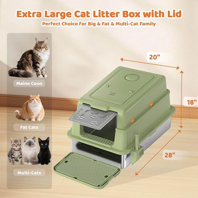 Homegroove XXXL Stainless Steel Litter Box with Lid, 28''x20''x18'' Extra Large Cat Litter Box with Litter Scoop & Pedal, Enclosed Metal Cat Litter Pan for Large & Multi-Cats, Anti-Leakage (Green)