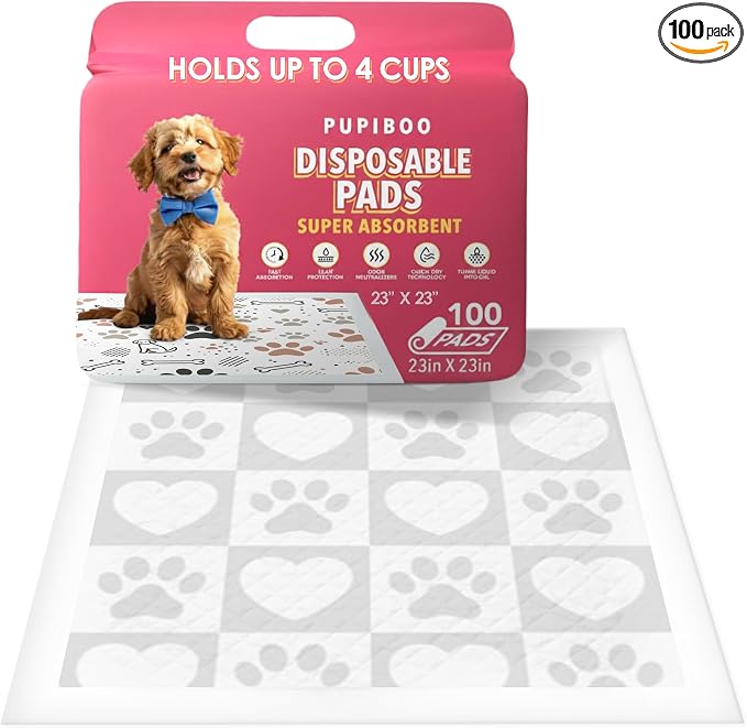 Pupiboo Disposable Dog and Cat Training Pads (100 Count) – 23x23 in Highly Absorbent Pee Pads, Leak Proof Backing, Pheromonal Attractant for Housebreaking and Indoor Potty Training