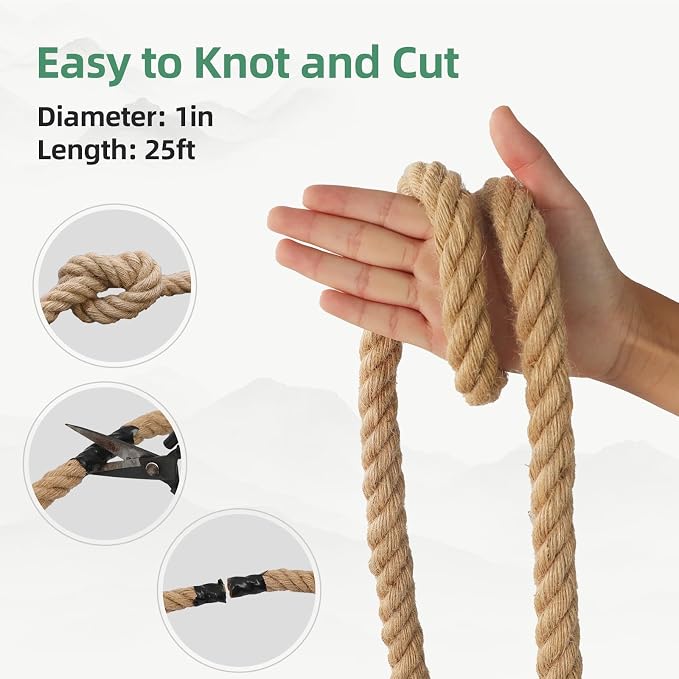 Jute Rope 1 in×25 ft Natural Material Heavy Duty Jute Rope Twisted for Indoor Outdoor Crafts, Nautical, Tug of War, Railing, Hammock, Swing, Gardening