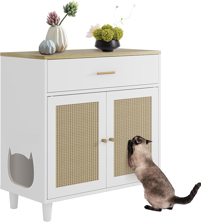 Hidden Cat Litter Box Furniture with Storage Drawer, Wood Cats Litter Enclosure Cabinet, Kitty Litter Box Hidden Enclosed Tall Cabinet Dog Proof for Living Room White