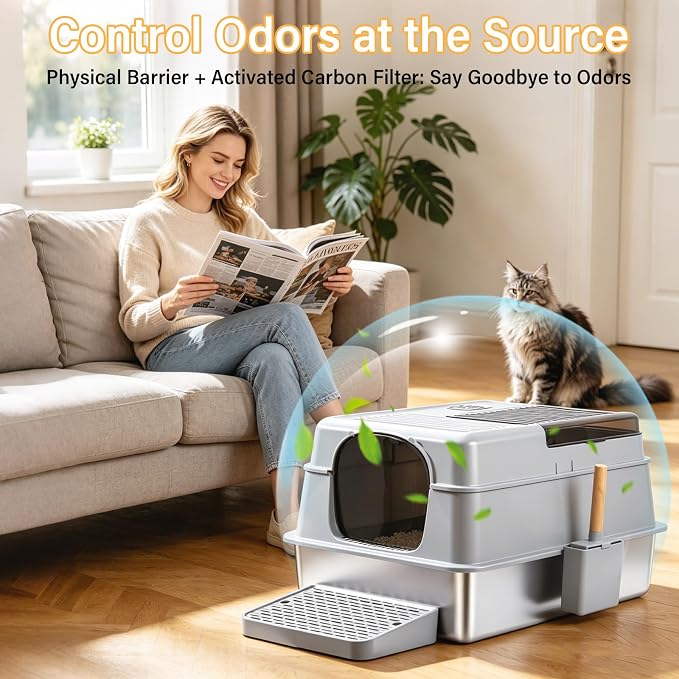 XXXL Stainless Steel Litter Box with Lid,Extra Large Enclosed Metal Cat Litter Box for Big Cats, Multiple Cats,Odor Control,Anti-Leakage, Includes Scoop & Pedal,27.75 x 19.75x 15.7 inches