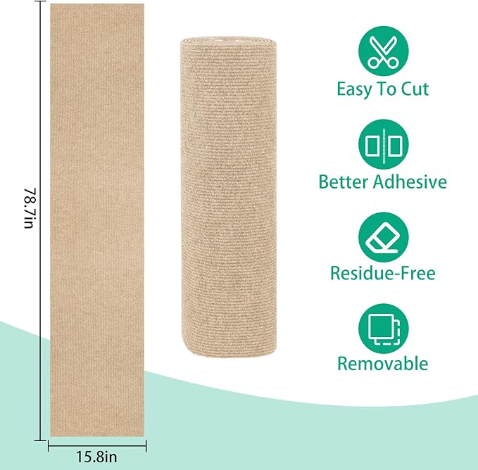 Trimmable Cat Scratcher Mat 2PCS, 78.7"x15.8" Self-Adhesive Cat Scratching Carpet Pad Replacement for Cat Tree Shelves, Steps and Posts, DIY Cat Scratch Couch Furniture Protector