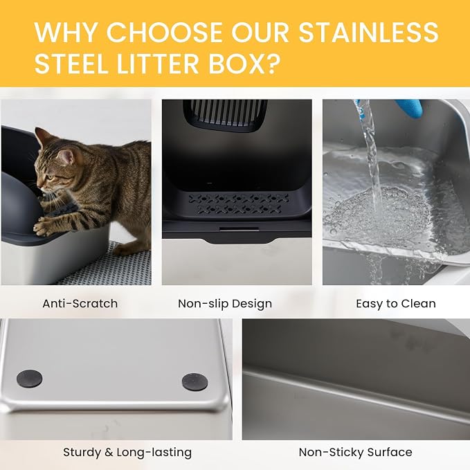 Simple Deluxe XL Stainless Steel Cat Litter Box with Lid, High Sided Metal Litter Pan for Large Cats, Urine-Proof Non-Stick & Easy to Clean, Black
