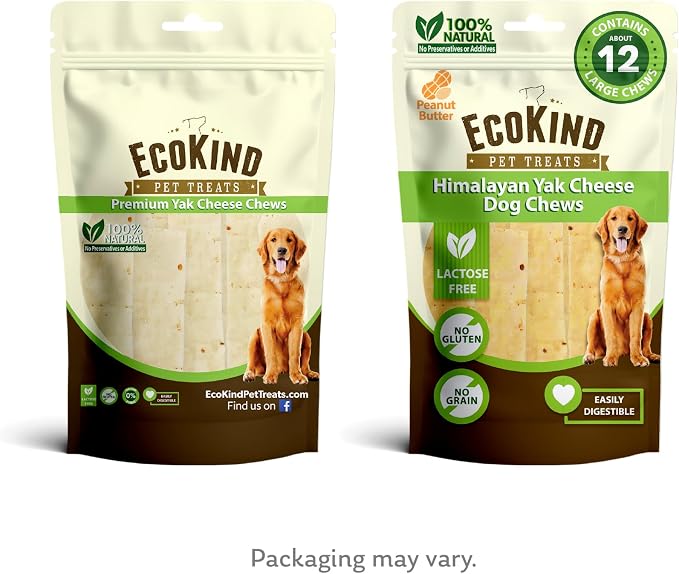 EcoKind Yak Cheese Himalayan Dog Chews, Yak Chews for Large Dogs, Long Lasting Bone for Aggressive Chewers, 4 Ingredients, Natural High Protein Treats, No Additives, Peanut Butter, Large - 12+ Chews