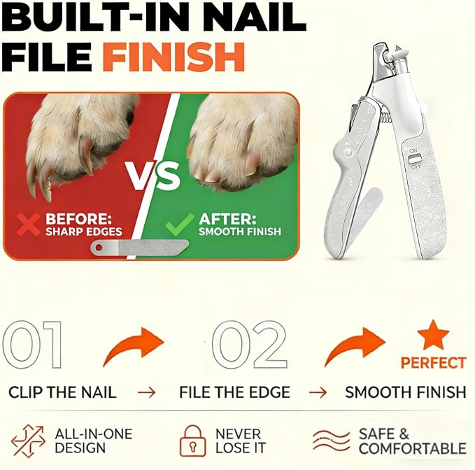 LED Dog Nail Clippers with Light and Nail Catcher - Pet Nail Trimmer with Safety Guard, Ergonomic Leatherette Handle, Rotating File for Small Medium Dogs Cats