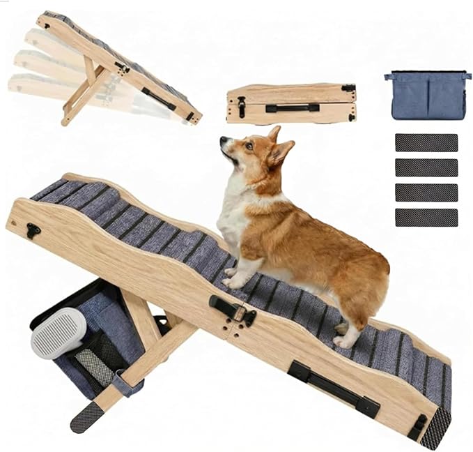 2026 Upgraded Dog Ramp for Couch & Low Bed, 33" L Folding Wood Pet Ramp 200LB Capacity, 4-Level Adjustable Height 11"-20", Non-Slip Sturdy Puppy Ramp for Small & Senior Dogs, Joint Relief, Wavy Design