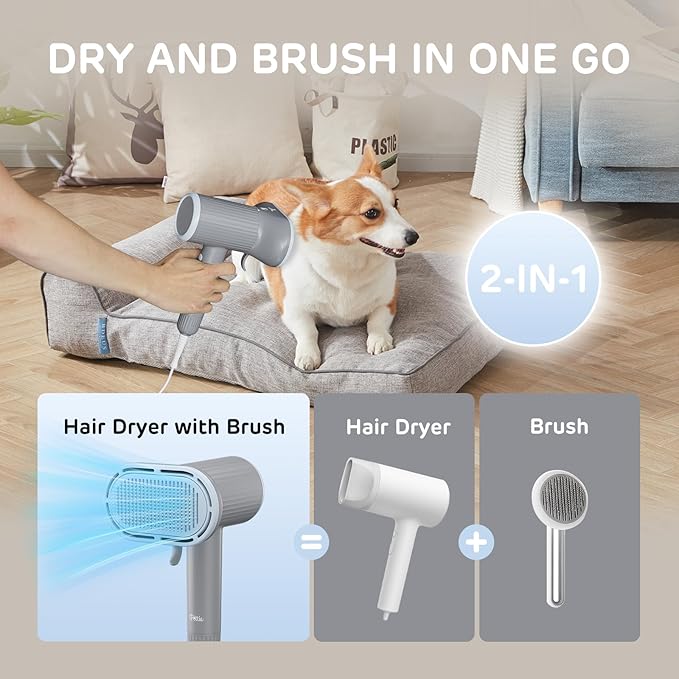 iPettie Breeze B540S Dog Grooming Hair Dryer with Slicker Brush, 2-in-1 Drying & Brushing Tool, Adjustable Temperature & Speed, Portable, Overheat Protection, Dog Blow Dryer for Dogs and Cats, Gray