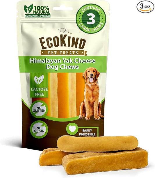 EcoKind Yak Cheese Himalayan Dog Chews, Yak Chews for Large Dogs, Long Lasting Bone for Aggressive Chewers, Only 3 Ingredients, Natural High Protein Treats, No Additives, Lactose Free, Large - 3 Chews