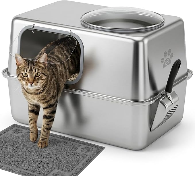 Ptlom Enclosed Stainless Steel Cat Litter Box with Lid, Extra Large Metal Litter Box, Leak-Proof High Sided Covered Litter Box for Kitties & Multi Cats, Non-Stick, Includes Litter Mat & Scoop