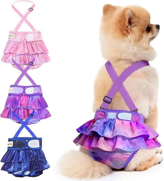 Idepet Female Dog Diapers with Suspender Detachable, 3 Pack Tie Dye Washable Reusable Girl Doggie Diapers for Small Medium Female Dog in Heat Period Cycle Urinary Incontinence Training L
