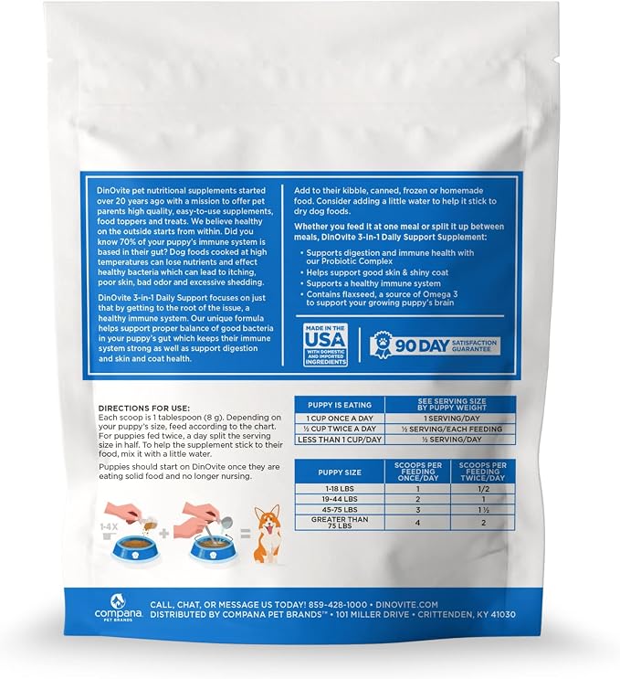 Dinovite Probiotic Food Topper for Puppies, Digestive Health & Skin Support Formula with Omega-3s, Daily Puppy Wellness Supplement, 90 Servings