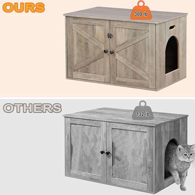 Timberer Cat Litter Box Enclosure, Litter Box Furniture Hidden with Removable Divider, Wooden Cat Washroom Furniture, Greige