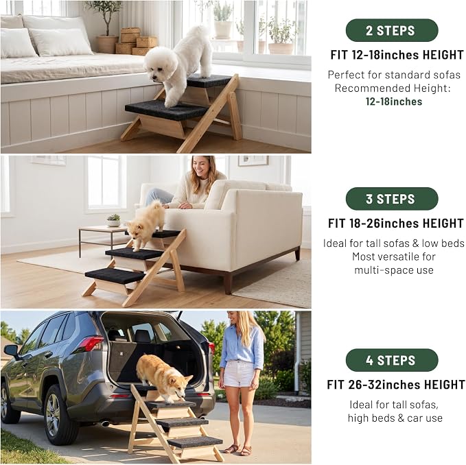 Dog Stairs/Ramp for Bed, Wooden 2-in-1 Foldable Pet Stairs & Ramp, Portable Dog Step Up to 180 Pound for Elderly/Short-Legged Dogs, 2 Steps for Beds, Couch