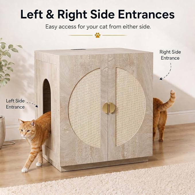 unipaws Extra Large Cat Litter Box Enclosure for Self-Cleaning & Automatic Litter Boxes, Tall Cabinet with Charging Station, Wooden Dog Proof Hidden Cat House for Top Entry Litter Box
