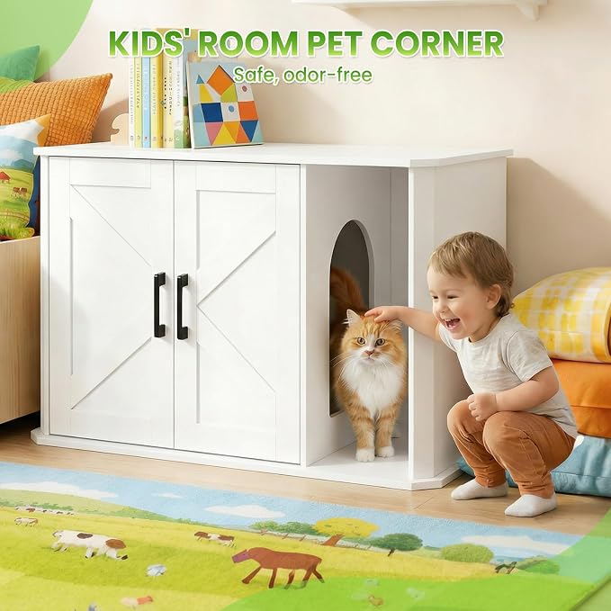 Modern Wooden Cat Litter Box Enclosure, Hidden Washroom Cabinet with Double Doors and Side Entry, Large Cat House End Table, Easy-Clean Sturdy Furniture