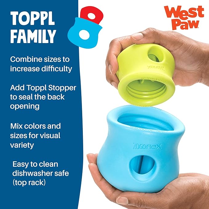 WEST PAW Zogoflex Toppl Interactive Treat Dispensing Puzzle Dog Toy for Mental Stimulation & Enrichment-Holds Kibble & Treats-Lickable, Freezable & Dishwasher Safe-Made in USA-Small-Aqua Blue