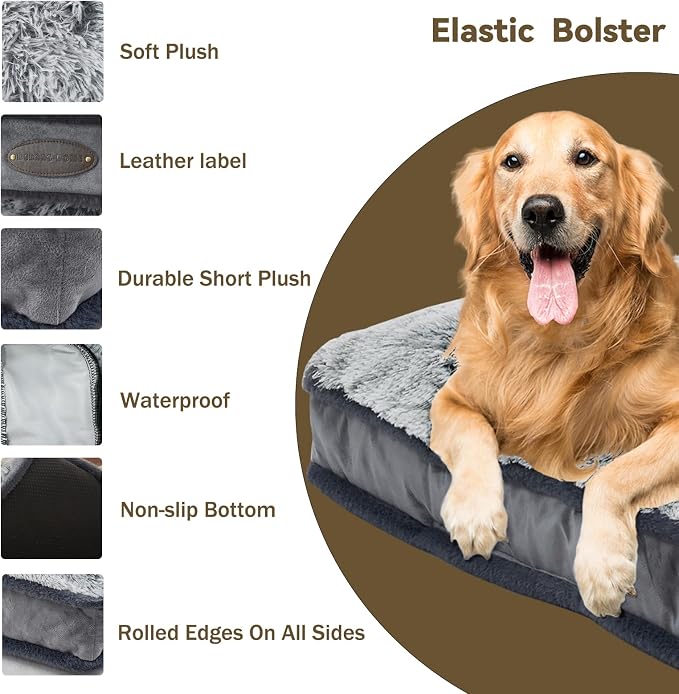 Dog Bed for Extra Large Dogs Breeds, Deluxe Plush Dog Crate Beds, Comfy Kennel Pad, Pet Sleeping Mat, Waterproof, Removable and Machine Washable Cover & Non-Slip Bottom, 46"X30" Grey