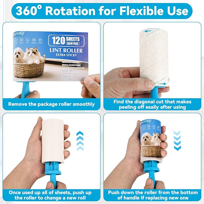 Lint Roller Refills - 1080 Sheets Total, Extra Sticky Adhesive Replacement Rolls for Pet Hair Removal on Clothes, Couch, Furniture & Carpet, 3.9-inch Rolls with 120 Sheets Each, (No Handle Included)