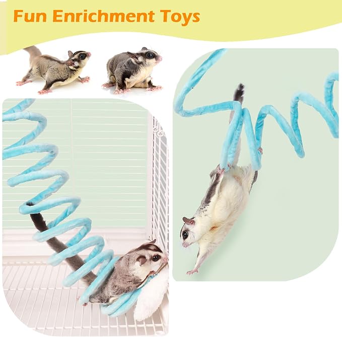 Small Pet Activity Set - 2pc Wooden Bird Foraging Toys and 3pc Sugar Glider Climbing Ropes for Cage Enrichment Green Blue Yellow