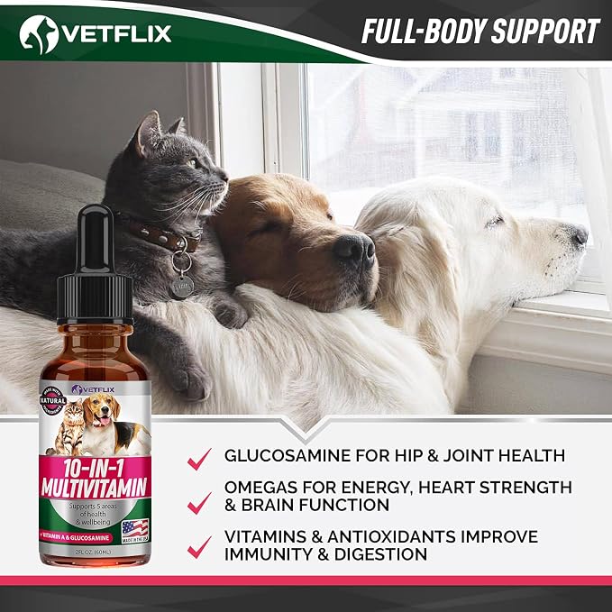 10 in 1 Pet Liquid Vitamins for Dogs, Cats, Puppies and Kittens, 2 Fl Oz | Glucosamine and Multivitamin Supplement, Joint Support, Immune Support, Skin Health, Made in USA