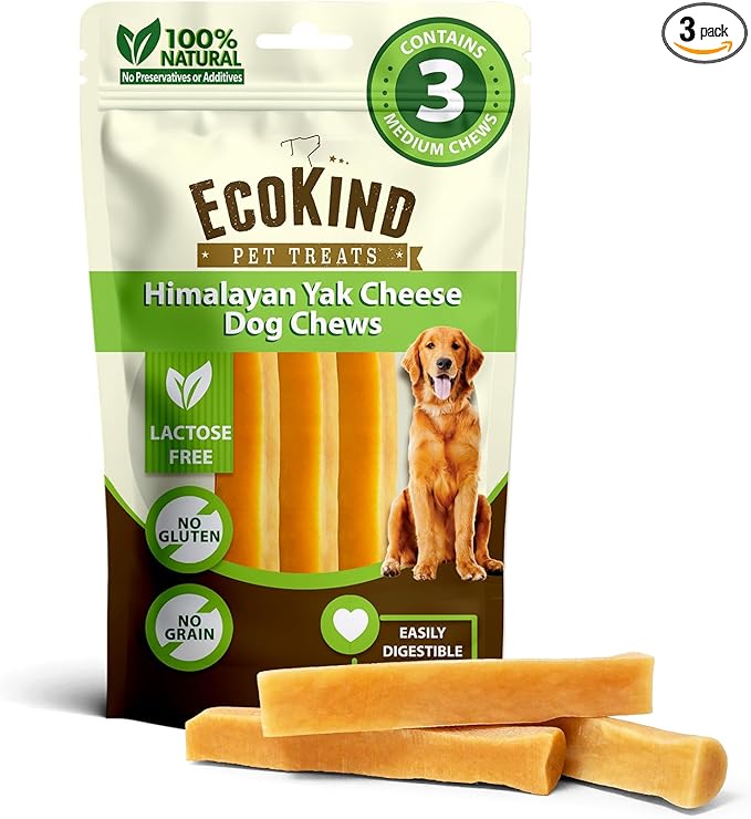 EcoKind Yak Cheese Himalayan Dog Chews, Yak Chews for Medium Dogs, Long Lasting Bone for Aggressive Chewers, 3 Ingredients, Natural High Protein Dog Treat, No Additives, Lactose Free, Medium - 3 Chews