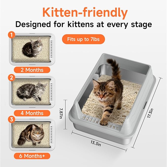 Stainless Steel Cat Litter Box for Small Cats, Odor Free Metal Litter Box with High Sides Lid, Open Top Low Entry Litter Pan Include Scoop Easy Cleaning Kitty Cat Box Anti-Urine Leakage, Non-Sticky