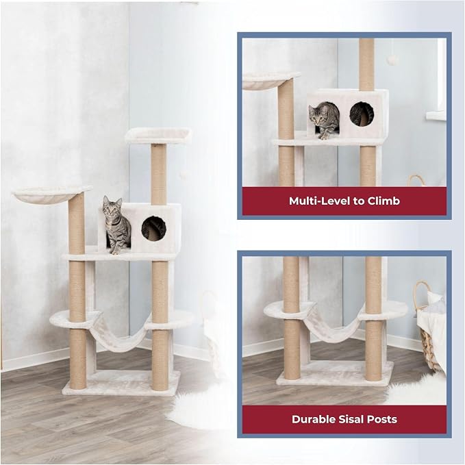 TRIXIE Federico 56" Cat Tower, Indoor 4-Level Cat Furniture with Jute Scratching Posts, Plush Condo, Platforms, Hammock, Toy on a String, Greige