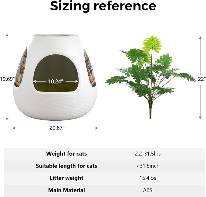 Eggloa6 Hidden Cat Litter Box Plant with 4 Litter Box Liners, Cat Litter Mat, 4 Odor Filter Artificial Plant Litter Box Enclosure Large DIY Litter Box Furniture for Cat Kitty Bunny (Snow White)
