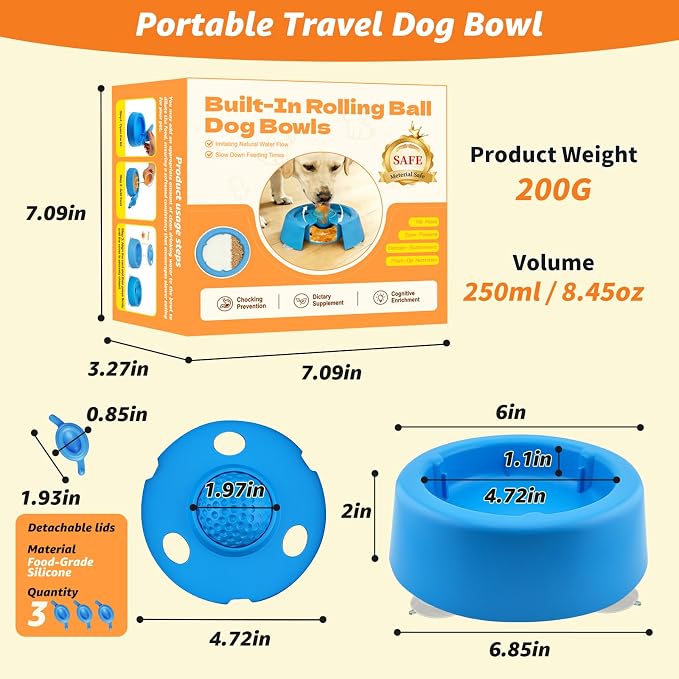 Slow Feeder Dog Bowls, Dog Lick Bowl with Built-in Rolling Ball for Wet Food, Bone Broth & Yogurt, Non-Slip Base, Interactive Enrichment Toy for Safe & Fun Feeding (Blue)