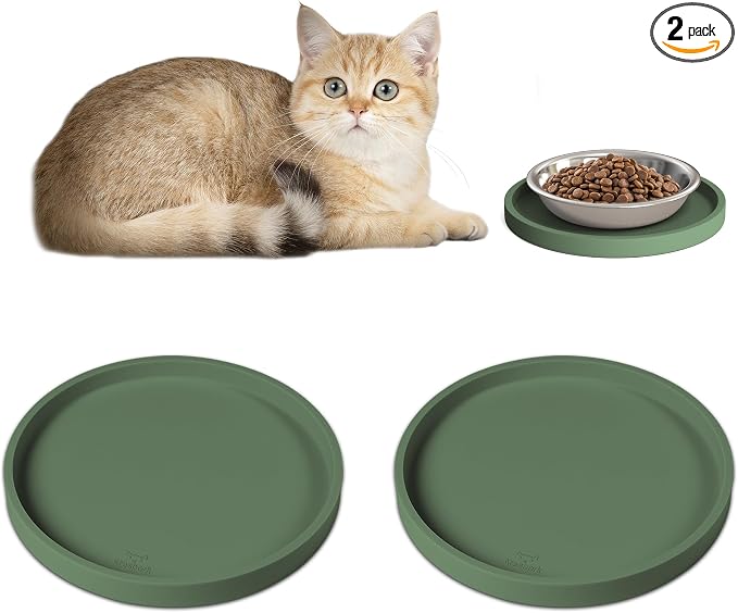 Arespark Pet Silicone Food Mat, 6in x 6in Set of 2 Nonslip Waterproof Feeding Bowl Mat with Raised Edges for Food and Water Prevent Spills, Round Eating Tray for Dog Cat Puppy Kitten (Olive Green)