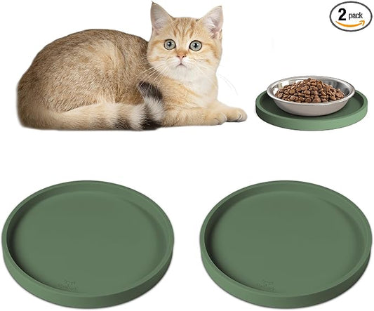 Arespark Pet Silicone Food Mat, 6in x 6in Set of 2 Nonslip Waterproof Feeding Bowl Mat with Raised Edges for Food and Water Prevent Spills, Round Eating Tray for Dog Cat Puppy Kitten (Olive Green)