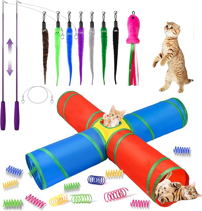 24PCS Cat Wand, Cat Tunnel & Cat Spring Toy Set for Indoor Cats