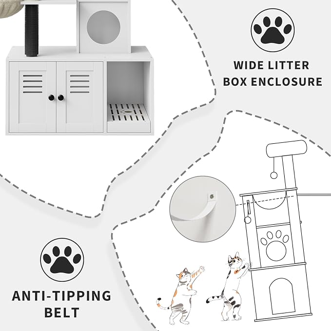 Litter Box Enclosure with Cat Tree Tower and Condo Brush Post and Passage Hidden Cat Washroom Furniture with Sisal Scratching Post & Soft Plush Perch Wooden Cat Furniture with Multiple Platforms