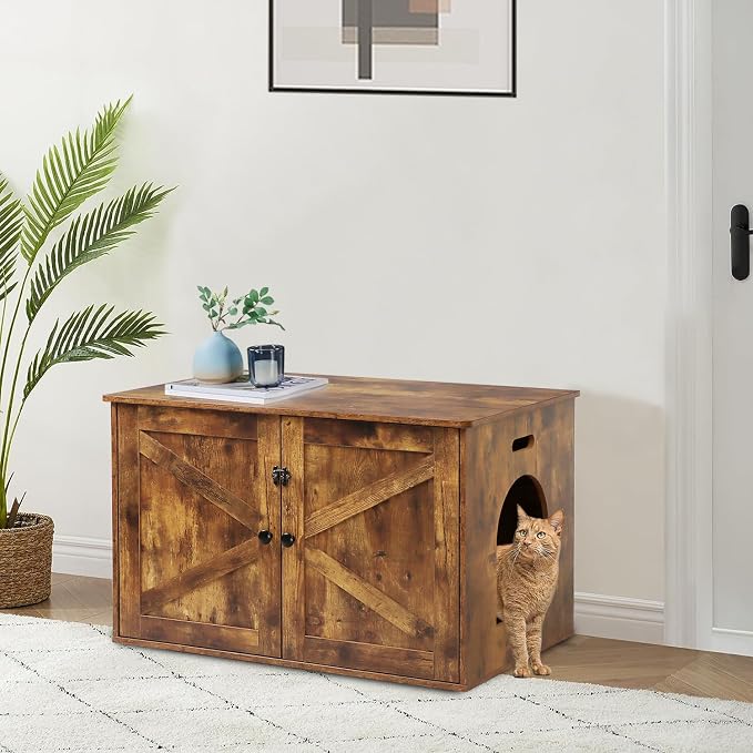 Timberer Cat Litter Box Enclosure, Litter Box Furniture Hidden with Removable Divider, Wooden Cat Washroom Furniture, Indoor Cat House, Rustic Brown