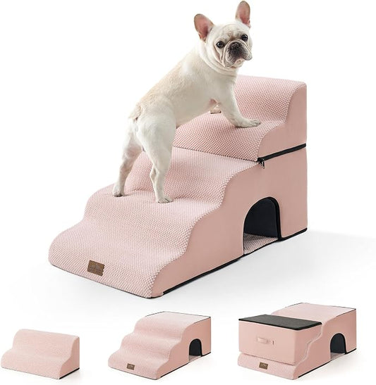COZY KISS Extra Wide Dog Stairs with Tunnel, Detachable Large Pet Step for Small Medium Dog, Puppy or Cat, Ramp for High Bed, Couch, Sofa or Car, Stable, 19.7x33x22.4 inch, 5 Step, Pink