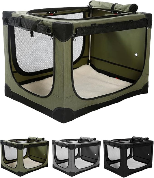 Veraste 33" L x 25" W x 25" H Collapsible Travel Dog Crate, Portable Soft Dog Kennel for Medium Large Dogs up to 60 lbs, 4-Door Foldable Travel Crate with Durable Mesh & Storage BagGreen